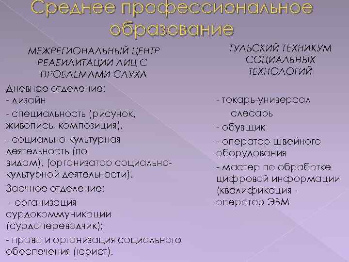 Среднее профессиональное образование МЕЖРЕГИОНАЛЬНЫЙ ЦЕНТР РЕАБИЛИТАЦИИ ЛИЦ С ПРОБЛЕМАМИ СЛУХА Дневное отделение: - дизайн