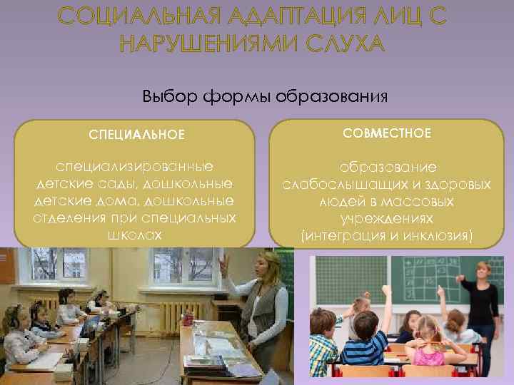 СОЦИАЛЬНАЯ АДАПТАЦИЯ ЛИЦ С НАРУШЕНИЯМИ СЛУХА Выбор формы образования СПЕЦИАЛЬНОЕ СОВМЕСТНОЕ специализированные детские сады,