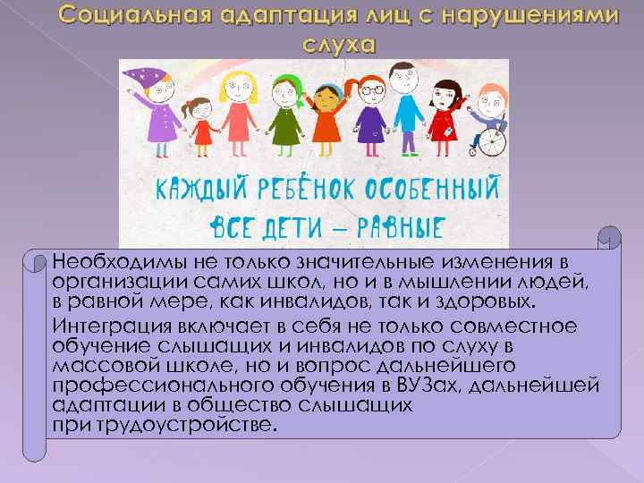 Социальная адаптация лиц с нарушениями слуха Необходимы не только значительные изменения в организации самих