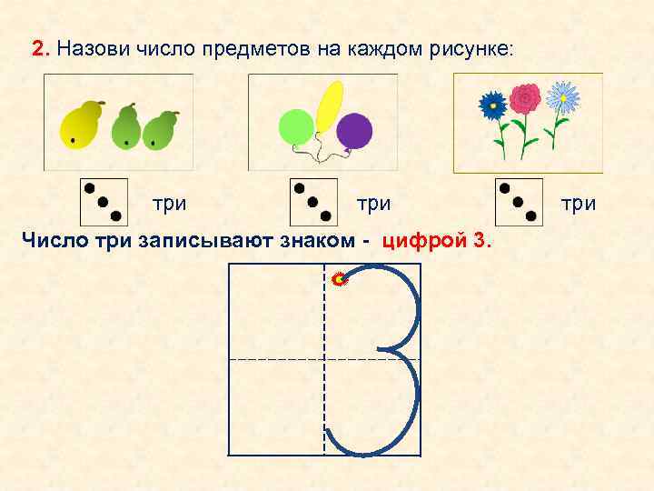 2. Назови число предметов на каждом рисунке: три Число три записывают знаком - цифрой