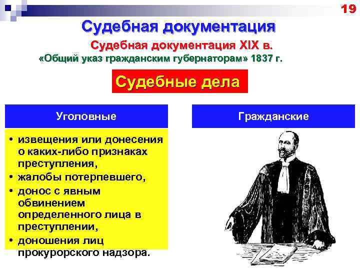 19 Судебная документация XIX в. «Общий указ гражданским губернаторам» 1837 г. Судебные дела Уголовные