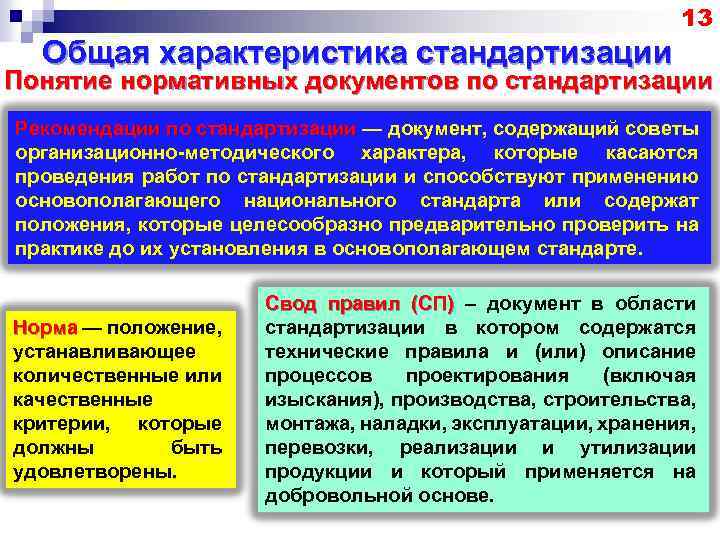 13 Общая характеристика стандартизации Понятие нормативных документов по стандартизации Рекомендации по стандартизации — документ,