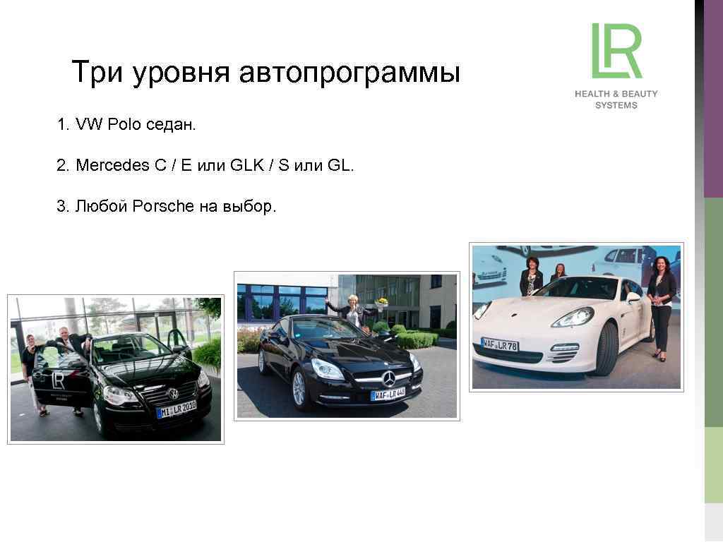 Три уровня автопрограммы 1. VW Polo седан. 2. Mercedes C / E или GLK