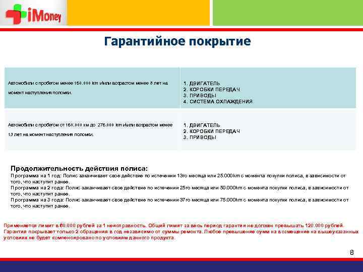 Гарантийное покрытие Автомобили с пробегом менее 150. 000 km иили возрастом менее 8 лет