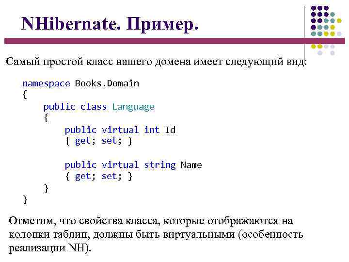 NHibernate. Пример. Самый простой класс нашего домена имеет следующий вид: namespace Books. Domain {