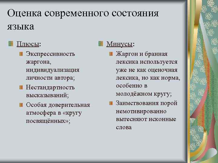 Оценка современного состояния языка Плюсы: Экспрессивность жаргона, индивидуализация личности автора; Нестандартность высказываний; Особая доверительная