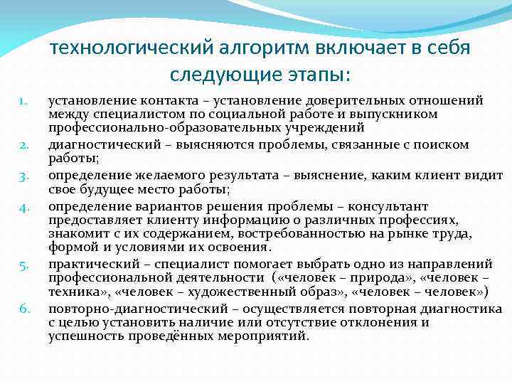 технологический алгоритм включает в себя следующие этапы: 1. 2. 3. 4. 5. 6. установление