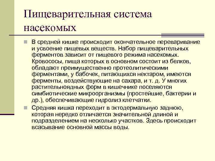 Пищеварительная система насекомых n В средней кишке происходит окончательное переваривание и усвоение пищевых веществ.