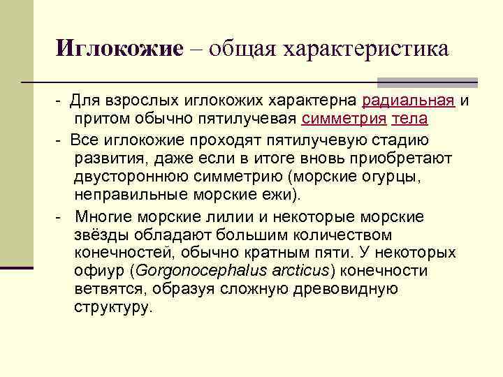 Иглокожие – общая характеристика - Для взрослых иглокожих характерна радиальная и притом обычно пятилучевая