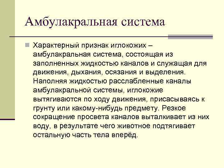 Амбулакральная система n Характерный признак иглокожих – амбулакральная система, состоящая из заполненных жидкостью каналов