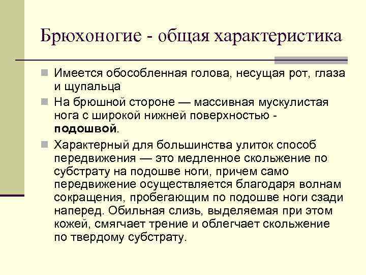 Брюхоногие - общая характеристика n Имеется обособленная голова, несущая рот, глаза и щупальца n