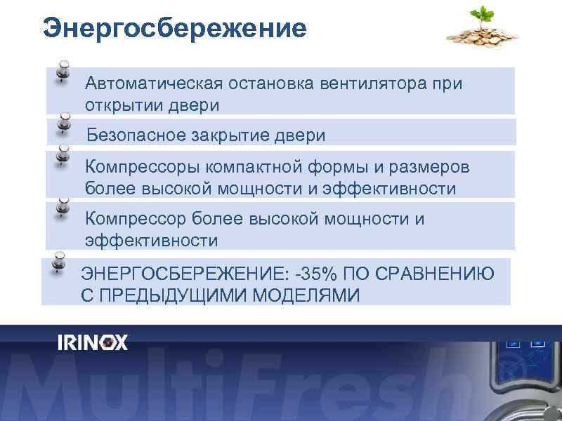 Энергосбережение Автоматическая остановка вентилятора при открытии двери Безопасное закрытие двери Компрессоры компактной формы и