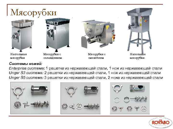 Мясорубки Настольные мясорубки Мясорубки с охлаждением Мясорубки с смесителем Напольные мясорубки Системы ножей: Enterprise