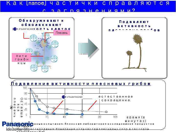Как [nanoe] частички справляются с загрязнениями? Обнаруживают и обволакивают поверхность клеток плесени Плесень Подавляют