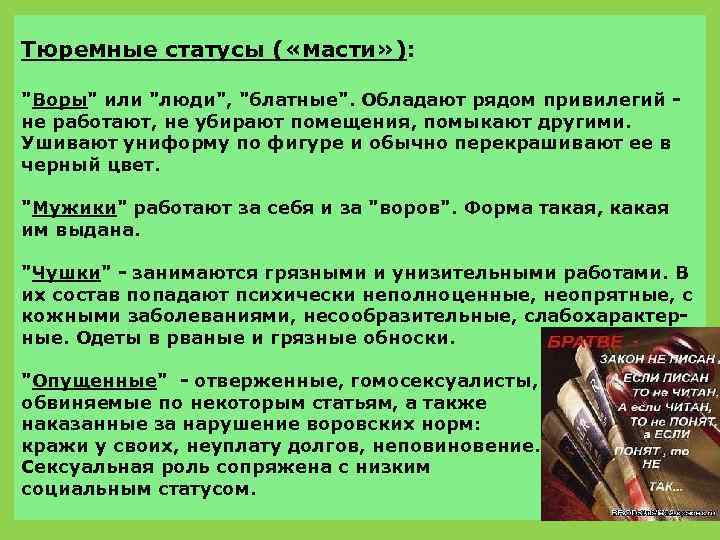Тюремные статусы ( «масти» ): "Воры" или "люди", "блатные". Обладают рядом привилегий не работают,