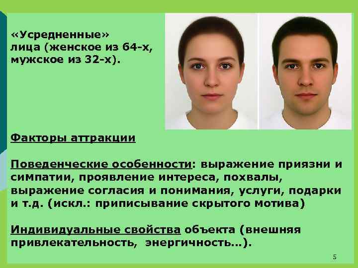  «Усредненные» лица (женское из 64 -х, мужское из 32 -х). Факторы аттракции Поведенческие