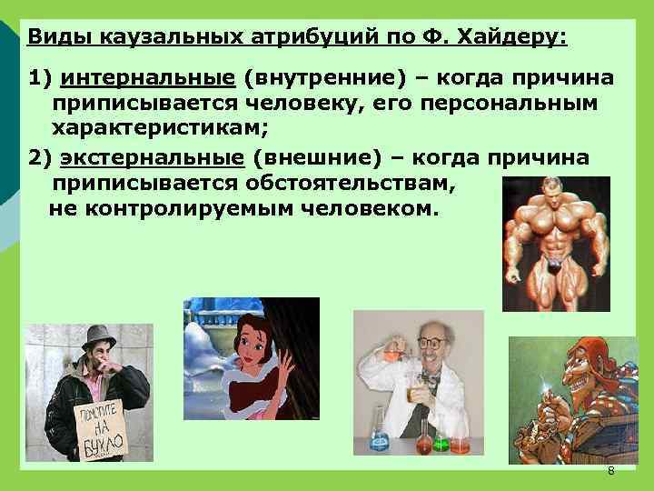 Виды каузальных атрибуций по Ф. Хайдеру: 1) интернальные (внутренние) – когда причина приписывается человеку,