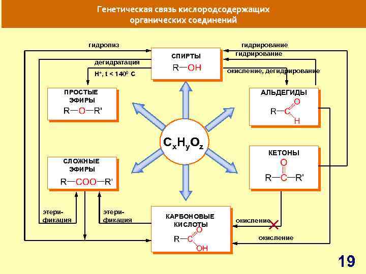 Генетическая связь кислородсодержащих органических соединений гидролиз дегидратация СПИРТЫ гидрирование окисление, дегидрирование H+, t <