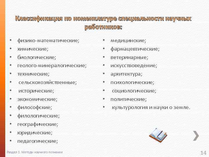 Классификация по номенклатуре специальности научных работников: • • • • физико-математические; химические; биологические; геолого-минералогические;