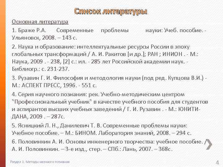 Список литературы Основная литература 1. Браже Р. А. Современные проблемы науки: Учеб. пособие. -