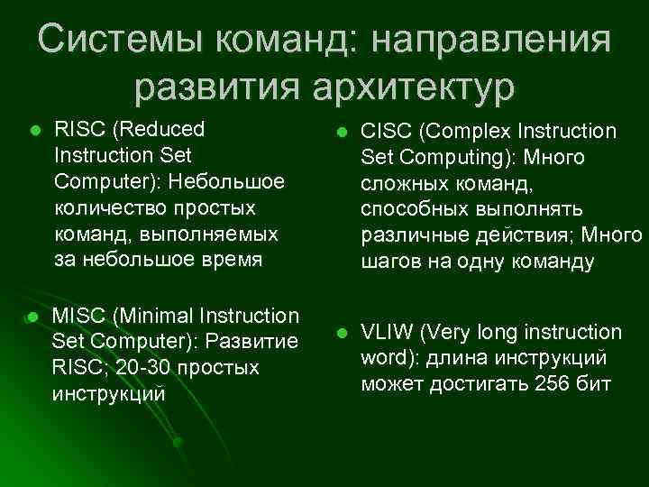 Системы команд: направления развития архитектур l RISC (Reduced Instruction Set Computer): Небольшое количество простых