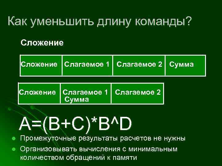 Как уменьшить длину команды? Сложение Слагаемое 1 Слагаемое 2 Сумма A=(B+С)*В^D l l Промежуточные