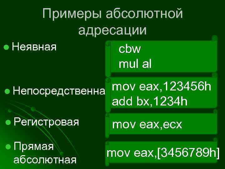 Примеры абсолютной адресации l Неявная cbw mul al l Непосредственная mov eax, 123456 h