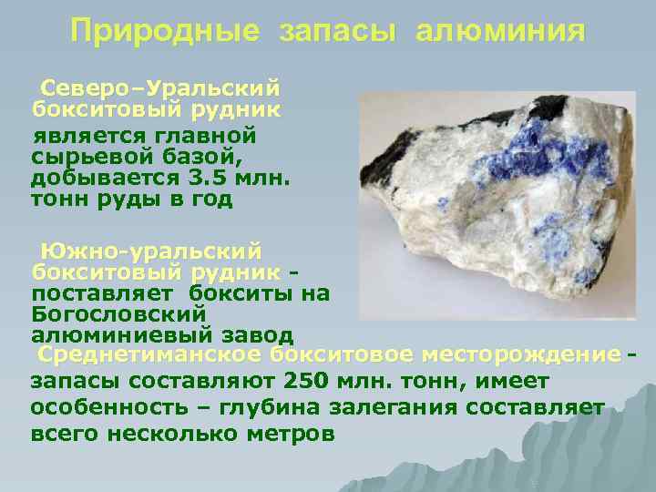 Природные запасы алюминия Северо–Уральский бокситовый рудник является главной сырьевой базой, добывается 3. 5 млн.