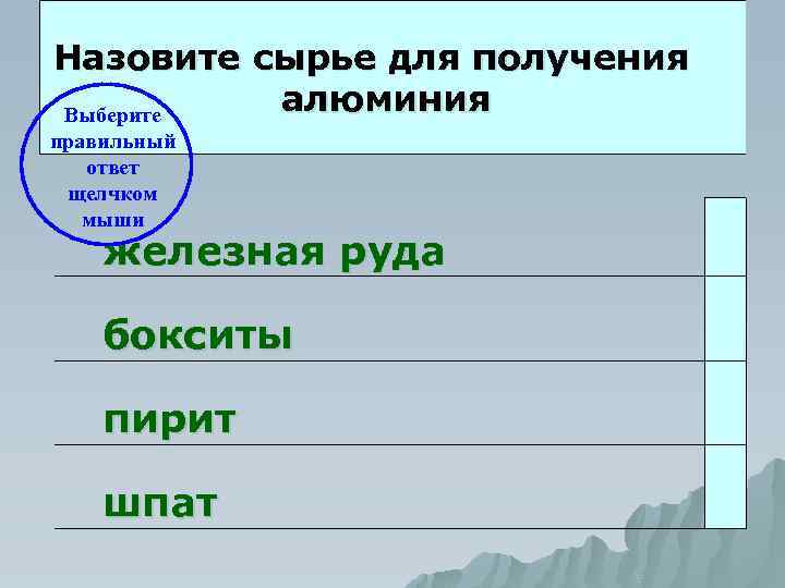 Назовите сырье для получения алюминия Выберите правильный ответ щелчком мыши железная руда бокситы пирит
