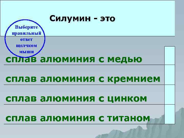 Силумин - это Выберите правильный ответ щелчком мыши сплав алюминия с медью сплав алюминия