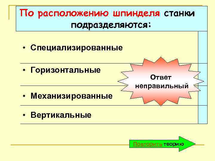 По расположению шпинделя станки подразделяются: • Специализированные • Горизонтальные Ответ неправильный • Механизированные •