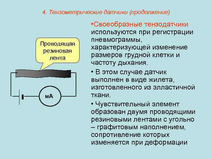 4. Тензометрические датчики (продолжение) Проводящая резиновая лента м. А • Своеобразные тензодатчики используются при