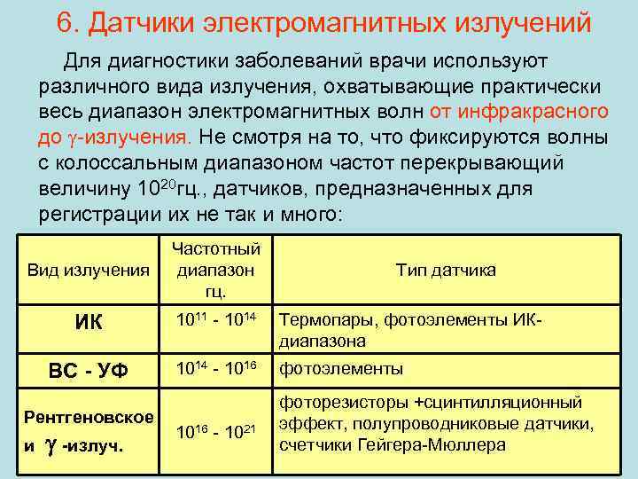 6. Датчики электромагнитных излучений Для диагностики заболеваний врачи используют различного вида излучения, охватывающие практически