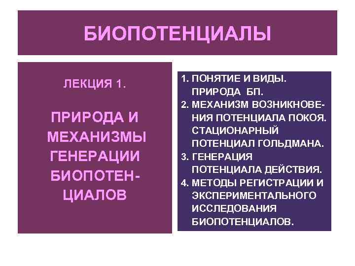 БИОПОТЕНЦИАЛЫ ЛЕКЦИЯ 1. ПРИРОДА И МЕХАНИЗМЫ ГЕНЕРАЦИИ БИОПОТЕНЦИАЛОВ 1. ПОНЯТИЕ И ВИДЫ. ПРИРОДА БП.