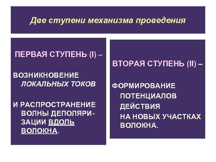 Две ступени механизма проведения ПЕРВАЯ СТУПЕНЬ (I) – ВТОРАЯ СТУПЕНЬ (II) – ВОЗНИКНОВЕНИЕ ЛОКАЛЬНЫХ