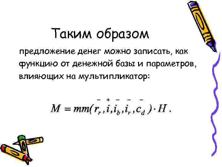 Таким образом предложение денег можно записать, как функцию от денежной базы и параметров, влияющих