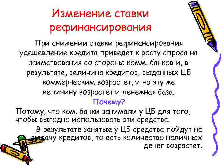 Изменение ставки рефинансирования При снижении ставки рефинансирования удешевление кредита приведет к росту спроса на