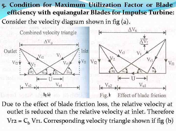 5. Condition for Maximum Utilization Factor or Blade efficiency with equiangular Blades for Impulse