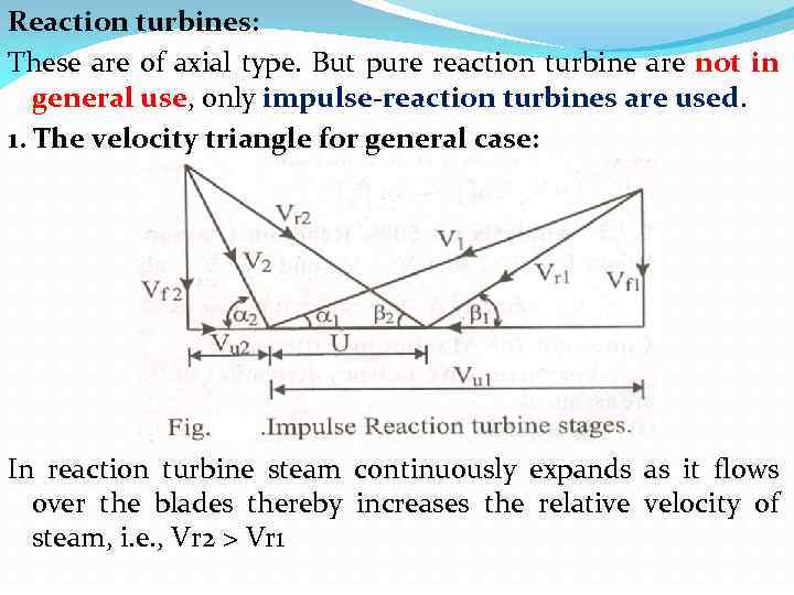 Reaction turbines: These are of axial type. But pure reaction turbine are not in