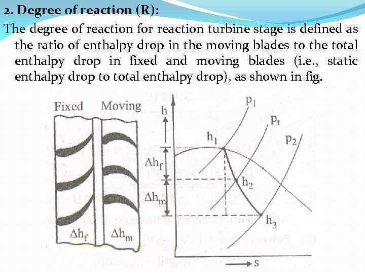 2. Degree of reaction (R): The degree of reaction for reaction turbine stage is