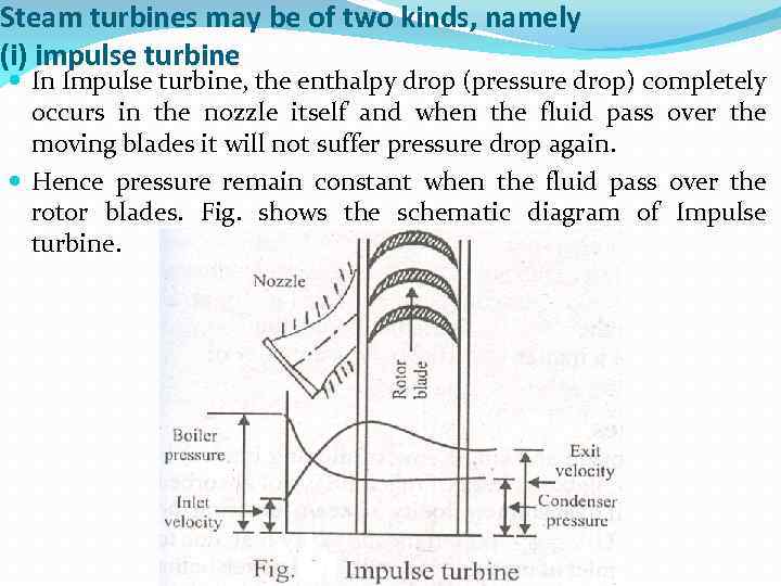 Steam turbines may be of two kinds, namely (i) impulse turbine In Impulse turbine,