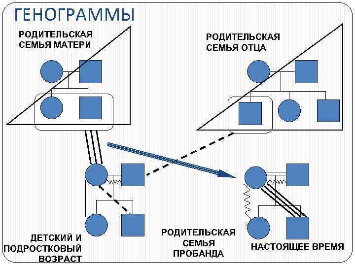 ГЕНОГРАММЫ РОДИТЕЛЬСКАЯ СЕМЬЯ МАТЕРИ ДЕТСКИЙ И ПОДРОСТКОВЫЙ ВОЗРАСТ РОДИТЕЛЬСКАЯ СЕМЬЯ ОТЦА РОДИТЕЛЬСКАЯ СЕМЬЯ ПРОБАНДА