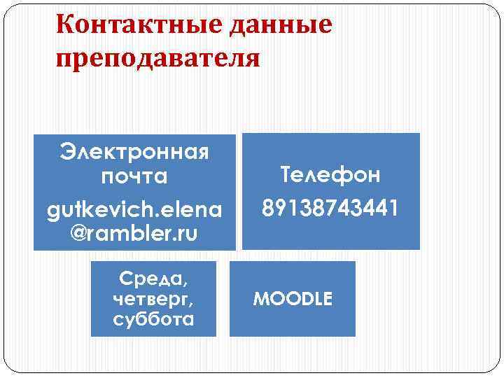 Контактные данные преподавателя Электронная почта gutkevich. elena @rambler. ru Среда, четверг, суббота Телефон 89138743441