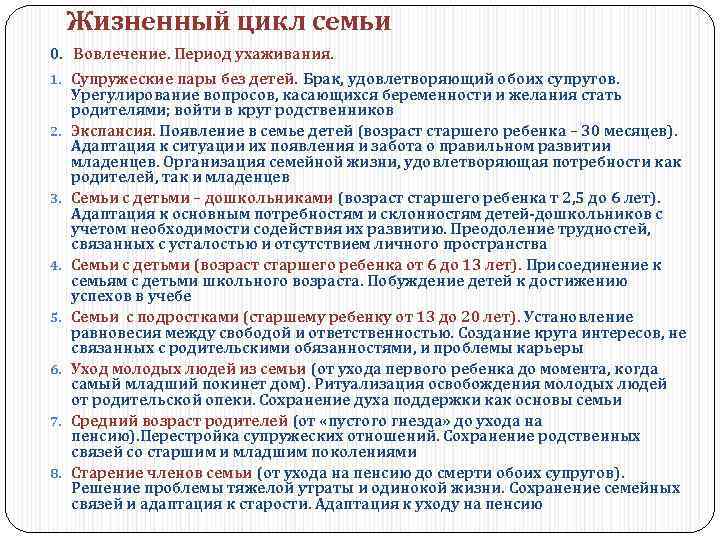 Жизненный цикл семьи 0. Вовлечение. Период ухаживания. 1. Супружеские пары без детей. Брак, удовлетворяющий