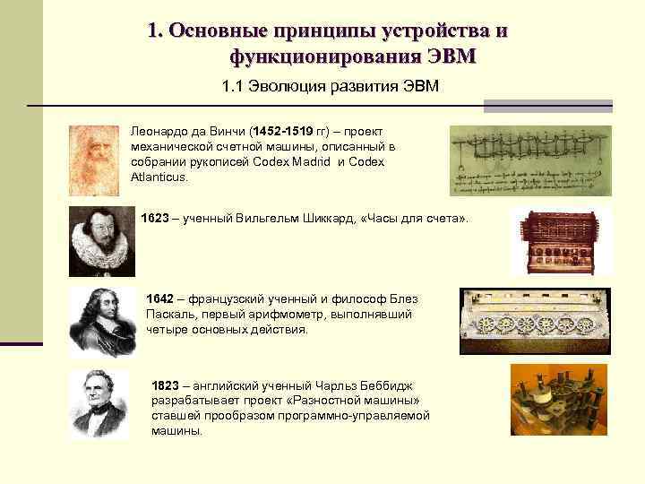 1. Основные принципы устройства и функционирования ЭВМ 1. 1 Эволюция развития ЭВМ Леонардо да