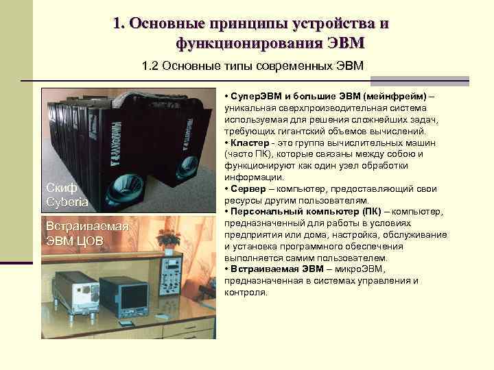 1. Основные принципы устройства и функционирования ЭВМ 1. 2 Основные типы современных ЭВМ Скиф