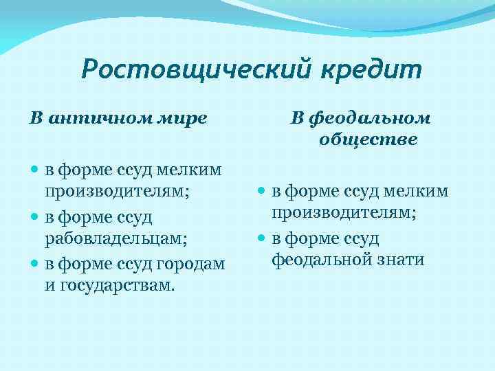 Ростовщический кредит В античном мире в форме ссуд мелким производителям; в форме ссуд рабовладельцам;