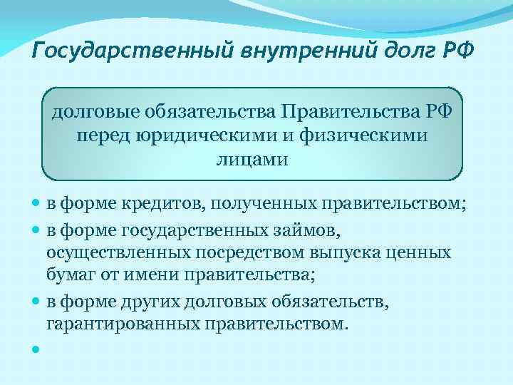 Государственный внутренний долг РФ долговые обязательства Правительства РФ перед юридическими и физическими лицами в