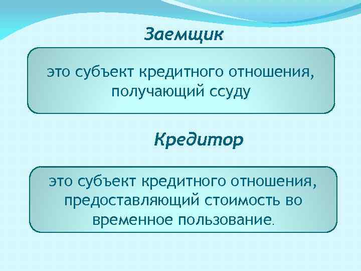 Заемщик это субъект кредитного отношения, получающий ссуду Кредитор это субъект кредитного отношения, предоставляющий стоимость