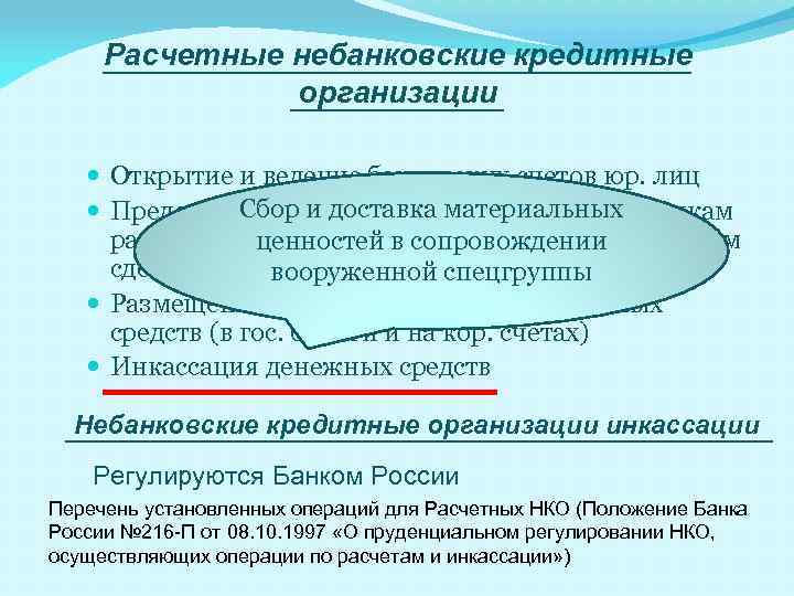 Расчетные небанковские кредитные организации Открытие и ведение банковских счетов юр. лиц Сбор и доставка